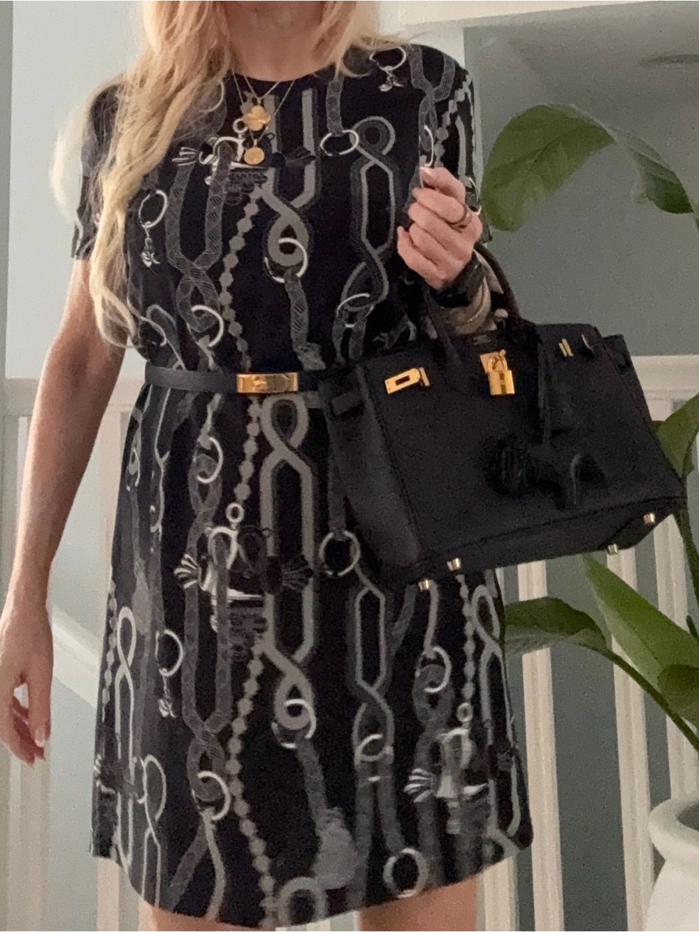 HERMES Black Chain-Print Short-Sleeve Dress new with tags